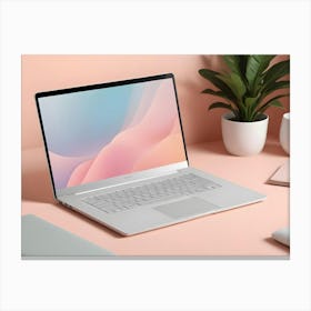 A Laptop With A Pink And Blue Background On The Screen, Sitting On A Pink Surface With A Plant, Glasses, And A White Mouse Canvas Print