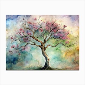 Watercolor Illustration Of A Flowering Tree With Pink Blossoms Canvas Print