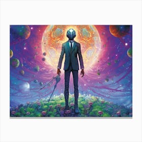 Man wearing a suit stands on a vibrant alien planet Canvas Print
