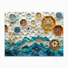 Golden Hexagons and White Lattice Against Oak, With Abstract Turquoise and Blue Waves and Splashes Canvas Print