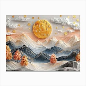 3d Modern Landscape Moon, Golden Christmas Trees, Colorful Mountains 1 Canvas Print