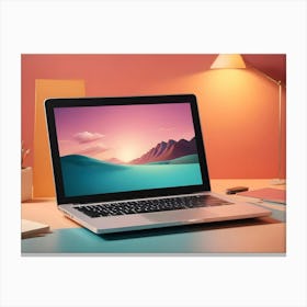 A Laptop With A Landscape Wallpaper Is On A Desk With Office Supplies And A Lamp, Creating A Cozy And Stylish Workspace Canvas Print