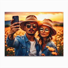 Couple Taking Selfie In The Field Canvas Print