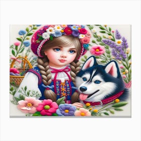 Russian Girl With Husky Canvas Print