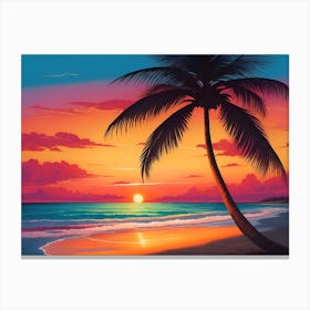 A Tranquil Beach At Sunset Horizontal Illustration 43 Canvas Print
