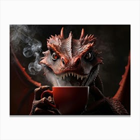 Red Dragon Furious Expression Locking Eyes With Camera Lens Gripping A Steaming Cup Of Coffee Sc Canvas Print