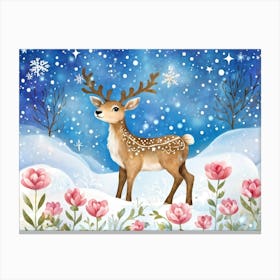 A Whimsical Illustration Of A Charming Baby Reindeer Standing Joyfully In A Soft Winter Meadow Dapp Canvas Print