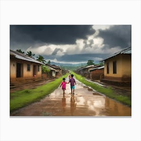 Two Children Walking Down A Street paintings art print Canvas Print