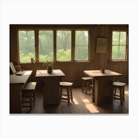 A Wooden Room Interior With Large Windows Overlooking A Green Forest, Creating A Natural And Serene Atmosphere Canvas Print