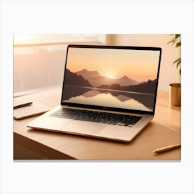 A Laptop Computer With A Sunset Mountain Scene On The Screen, Sitting On A Wooden Desk Canvas Print