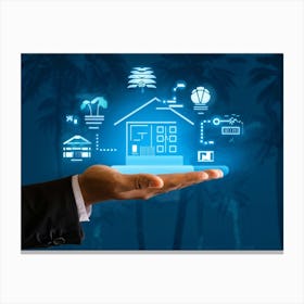 Artificial Intelligence Concept Visualized As A Hand Holding A Glowing Blue Diagram Of A Smart Home Canvas Print