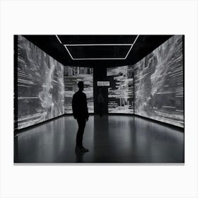 An Illustration Of Two People Silhouetted In A Dark Room Surrounded By Large Screens Displaying Abstract Patterns And Lines Canvas Print