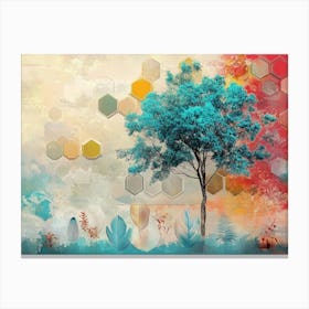 Abstract Scene with A Turquoise Tree Against a Vibrant Hexagon and Feather Backdrop Canvas Print