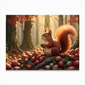 Red Squirrel Sitting On A Log Surrounded By Acorns In A Forest 2 Canvas Print