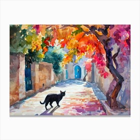 Bodrum, Turkey   Black Cat In Street Art Watercolour Painting 2 Canvas Print