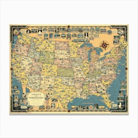 America the Wonderland : Vintage Pictorial Map of the United States 1941 Canvas Print