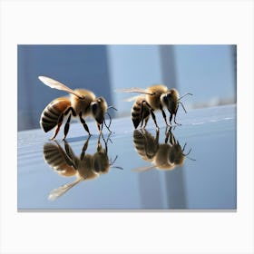 Two Honeybees Drink Water From A Reflective Surface, With Their Reflections Clearly Visible, Set Against A Blurred City Background Canvas Print