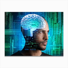 Abstract Portrait Of A Cyborg Man With A Human Profile Merging Into A Cubic Brain Showcasing The Co 2 Canvas Print