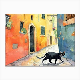 Black Cat In Rome, Italy, Street Art Watercolour Painting 3 Canvas Print