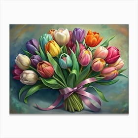 Colorful Bouquet Of Tulips With A Pink Ribbon Canvas Print