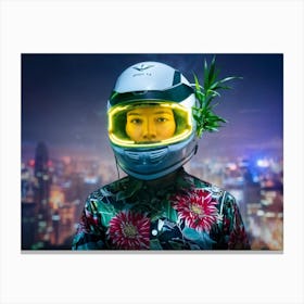 Portrait Set In The Future Subject Wearing A Helmet With Integrated Glowing Light Intertwined With Canvas Print