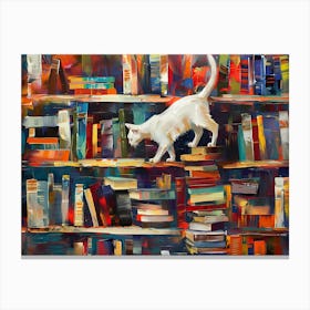 White Cat In The Library - Walking Canvas Print