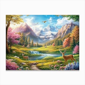 Nature Travel Lovely Countryside View Valley Meadow Beautiful Place Background with Mountains, Deer Animals, Flowers Canvas Print