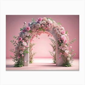 Floral Archway With Pink Roses And Lilac Flowers On A Pink Background Canvas Print