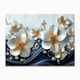 Sophisticated 3d Artwork Design, White And Blue Tones, Golden Jewelry, Floral Motifs 3 Canvas Print