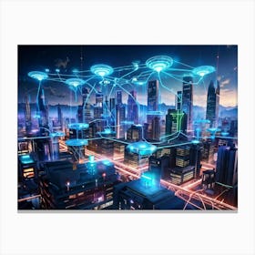 A Digital Painting Of A Globally Networked Cityscape Futuristic Ai Central Node Glowing With Connec Canvas Print