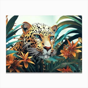 Tropical Trees And Safari Leopard Animal Art Design 3d Illustration Canvas Print