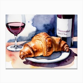 Croissant and Wine watercolor painting Canvas Print