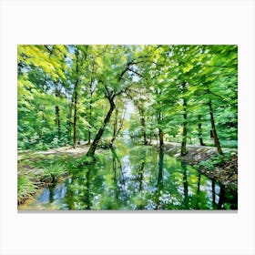 Serene River Landscape. The image depicts a tranquil river scene with lush greenery and a clear blue sky. A winding path leads through a forest of tall trees with vibrant green leaves, bordering the river. The water reflects the sky and surrounding foliage, creating a mirror-like surface. In the foreground, a weathered tree stump stands beside the path, adding a touch of rustic charm. 4 Stampe su tela