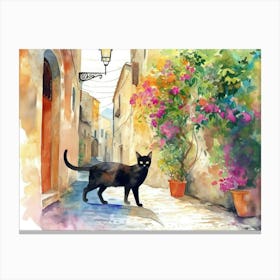 Amalfi, Italy   Black Cat In Street Art Watercolour Painting 1 Canvas Print