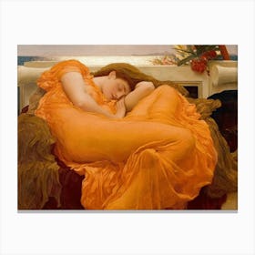 Flaming June 1895 Painted by Frederic Leighton (1830 – 1896) "After mysteriously vanishing for decades, Flaming June was shockingly rediscovered in the 1960s tucked away above a chimney in a London house. Overlooked and dismissed by the art world at the time, it failed to sell at auction for a mere $140. Enter Luis A. Ferré, who recognized its brilliance, snapped it up, and whisked it away to Puerto Rico’s Museo de Arte de Ponce, where it became the crown jewel of the collection. Now, in a dramatic twist, the masterpiece has returned to London’s Royal Academy of Arts in 2024, reclaiming the spotlight at its original exhibition venue." Canvas Print