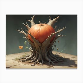 A Large Pumpkin Rests On A Weathered, Gnarled Tree Trunk Canvas Print