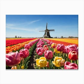 Tulip Field With Windmill paintings art print Canvas Print