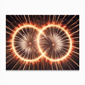 Two Golden Rings Are Displayed Against A Backdrop Of Fireworks, Representing Unity, Love, Or A Celebration Canvas Print