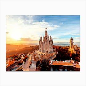 Tibidabo Mountain And Sagrat Cor Church At Sunset, Barcelona, Spain Canvas Print