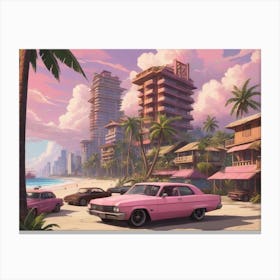 Pink Car On The Beach Canvas Print