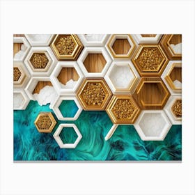 Golden Hexagons Float Amidst White Lattice On Oak, Complemented By Abstract Turquoise Patterns Canvas Print