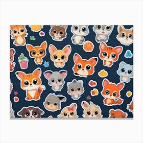 Cute Cartoon Animals With Big Eyes In A Seamless Pattern On A Dark Blue Background Canvas Print