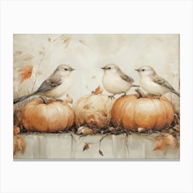 Three Birds On Pumpkins Canvas Print