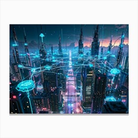 A Digital Painting Of A Globally Networked Cityscape Futuristic Ai Central Node Glowing With Connec 2 1 Canvas Print