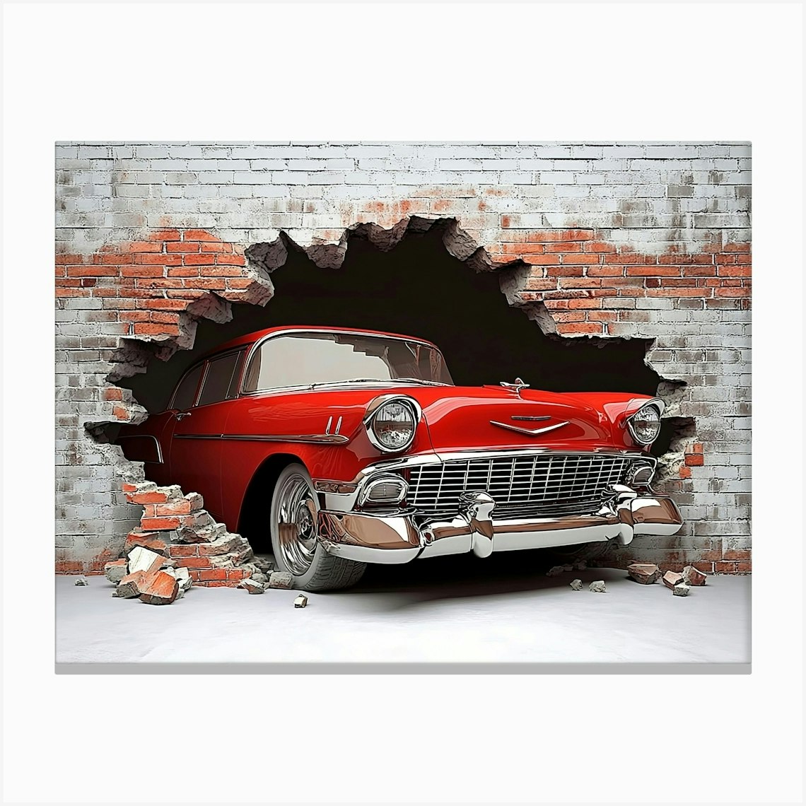 3d Broken Wall Bricks And A Classic Red Car Canvas Print by Divine Studio