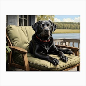 Black Labrador Resting On a Porch Chair Near a Serene River in the Late Afternoon Canvas Print