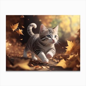 A Kitten Chasing Swirling Leaves In The Wind Canvas Print
