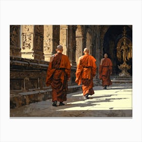 Monks Walking In A Temple Canvas Print