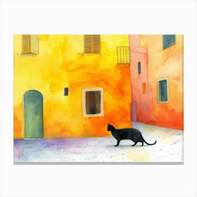 Black Cat In Reggio Emilia, Italy, Street Art Watercolour Painting 2 Canvas Print