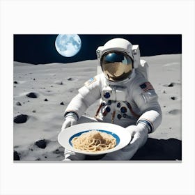 A Photograph Of An Astronaut In A Spacesuit, Sitting On The Moon, Holding A Plate Of Spaghetti Canvas Print